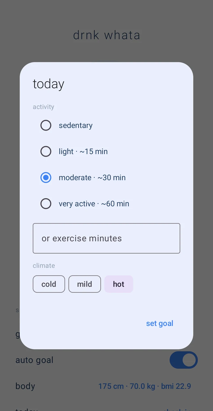 drnk whata morning check-in with activity and climate options