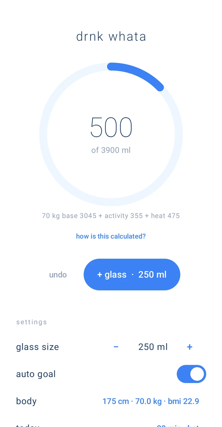 drnk whata home screen with a progress ring at 500 of 3900 ml and a plus glass button