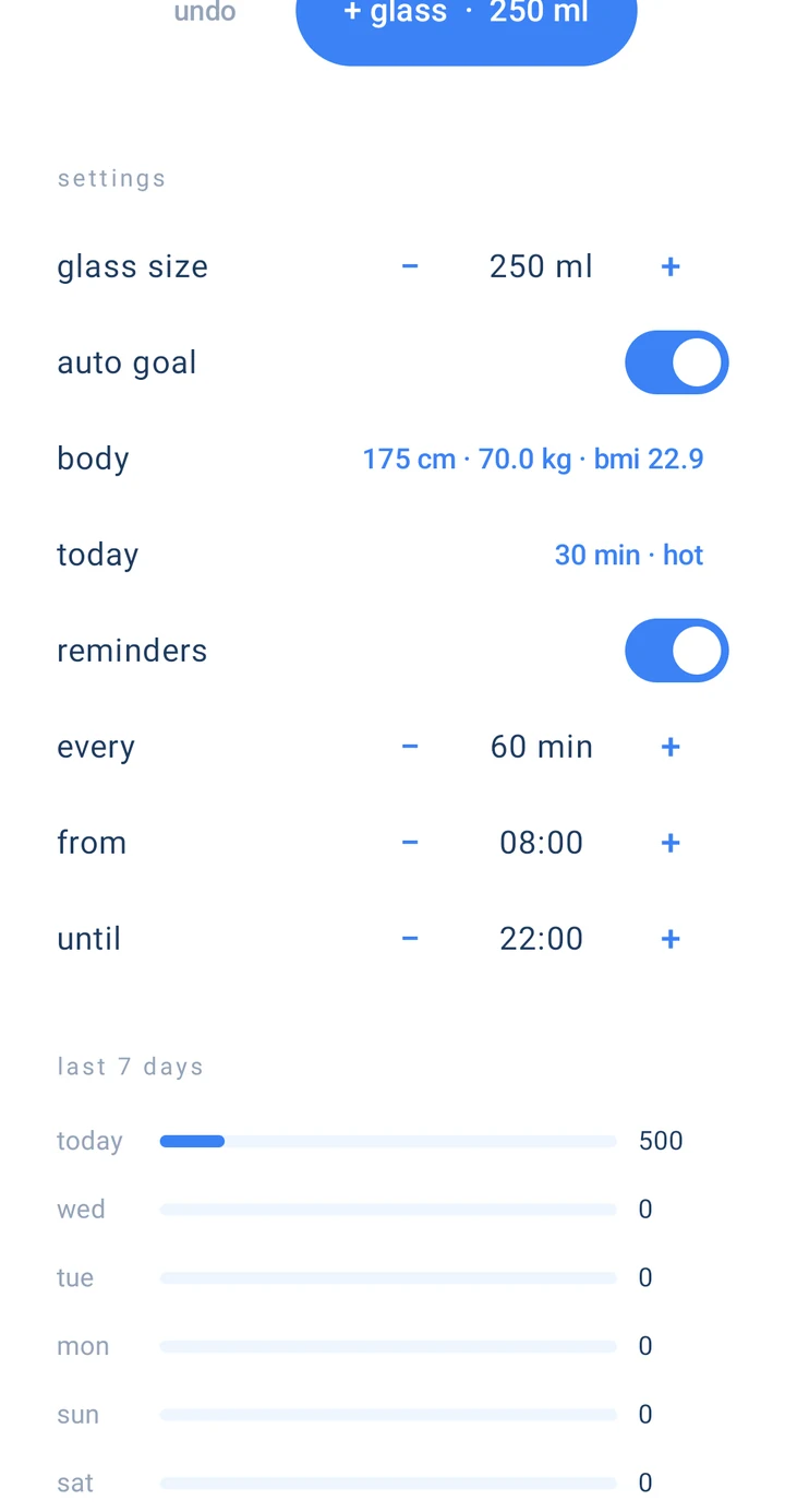 drnk whata settings with glass size, auto goal and body details