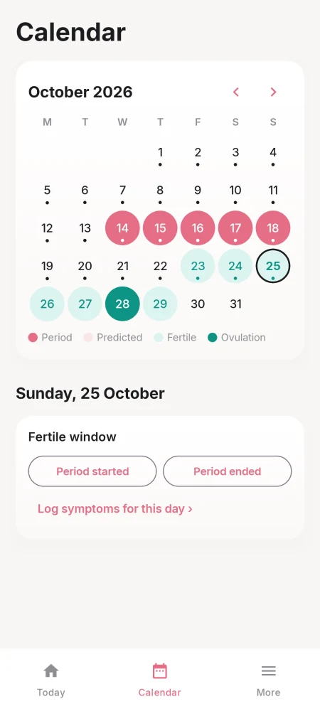 nilaa calendar with predicted period and fertile days