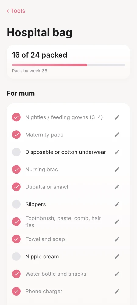 nilaa hospital bag checklist