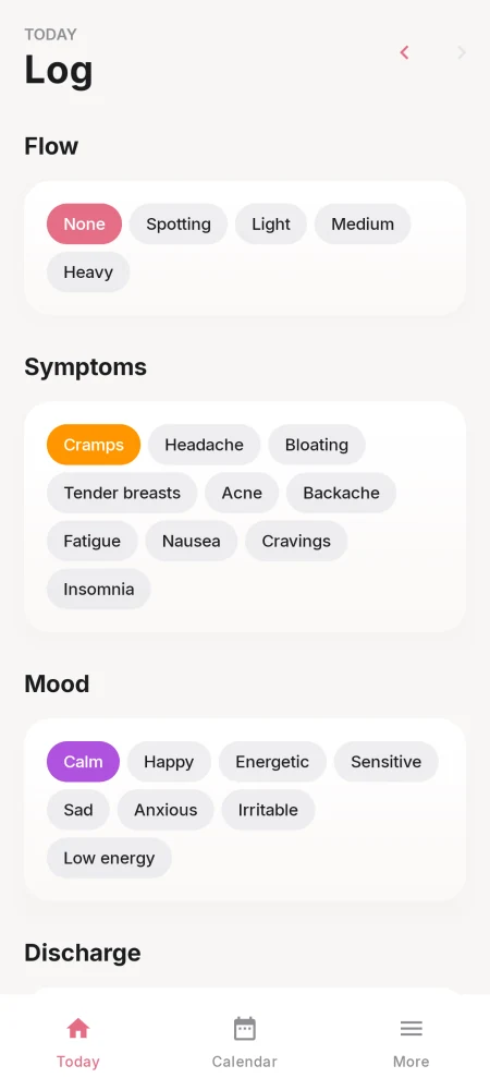 nilaa daily log with symptoms and mood