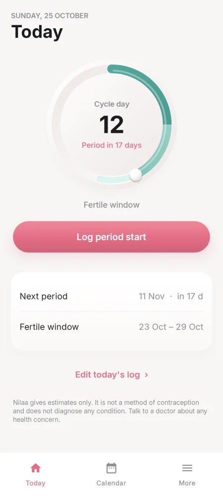 nilaa Today screen showing cycle day 12 and fertile window